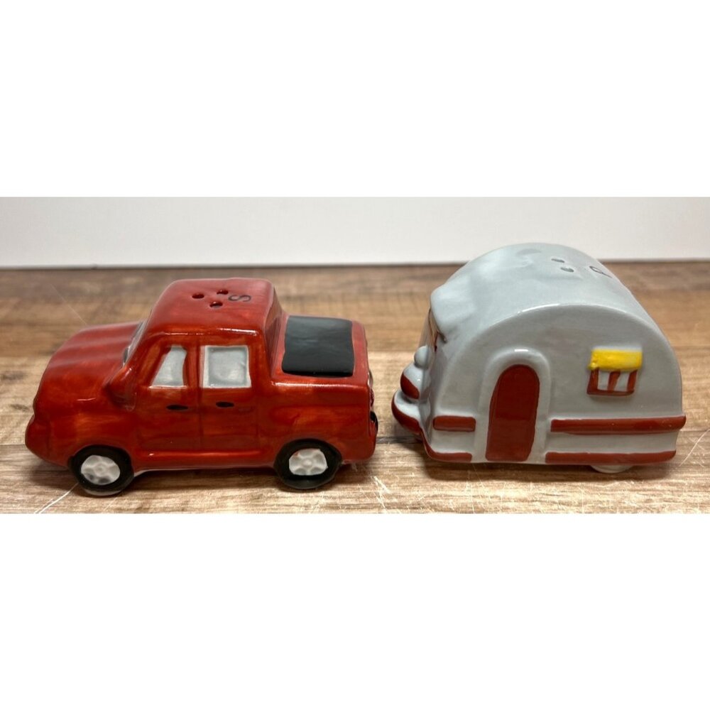 Truck & Camper Salt & Pepper Shaker Set Hand Painted Ceramic Design Red & Gray
